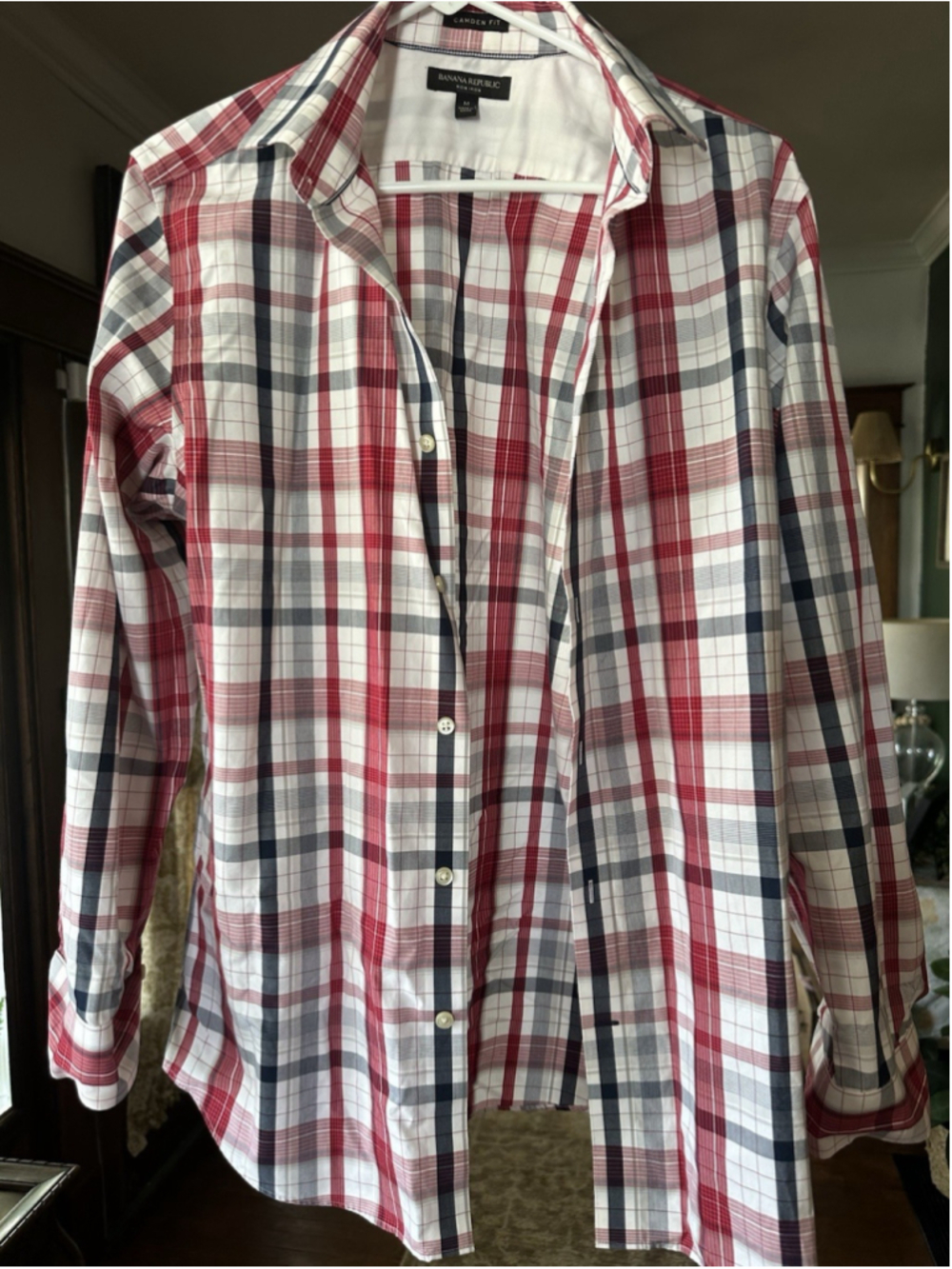 Banana Republic Camden Fit Plaid Shirt Red White Blue M Non-Iron Long Sleeve